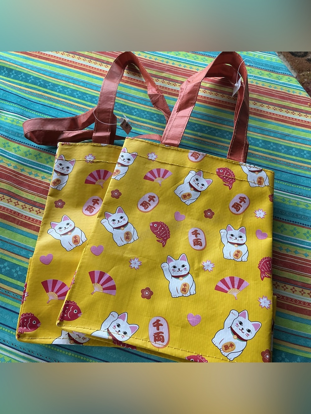 World Market Lucky Cat Tote with Pink Handles - set of 2